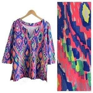 Lilly Pulitzer Justina Tunic Pink Blue Luminescent UPF 50+ French Terry Tunic M